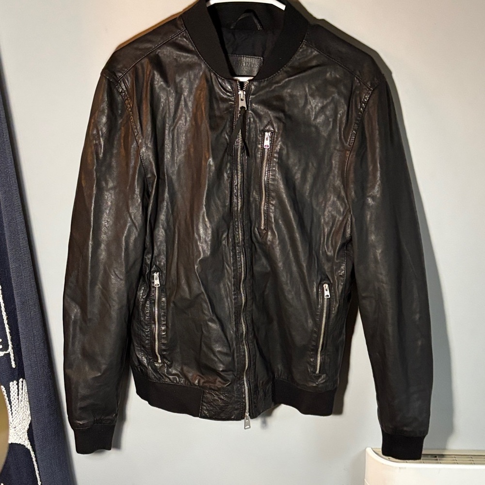 All Saints Black Leather Bomber Jacket
